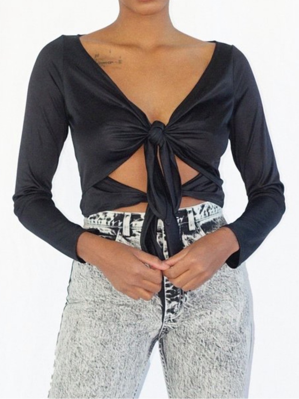 Ciao Lucia Black Long-Sleeve Tie-Front Crop Top